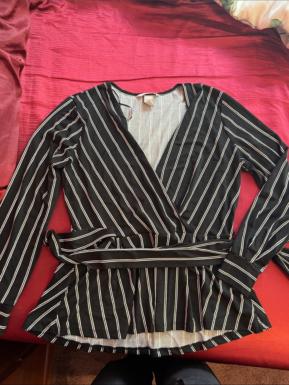 Black Striped Wrap Peplum Blouse with Tie Waist